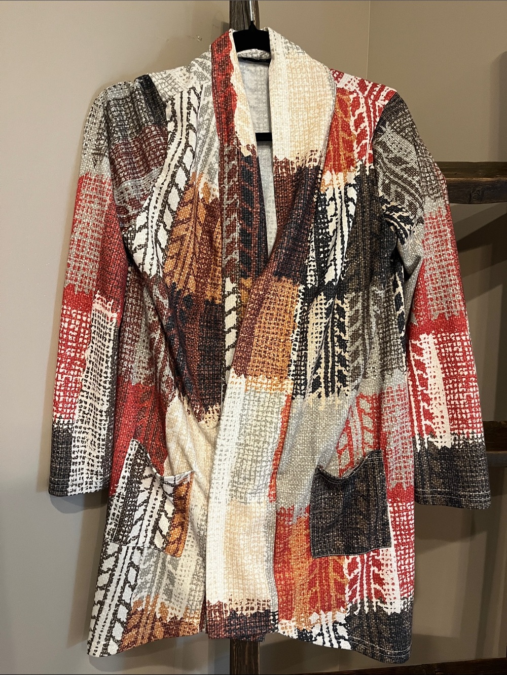 Mixed Print Open-Front Women’s Cardigan Sweater - Red, Cream, Brown